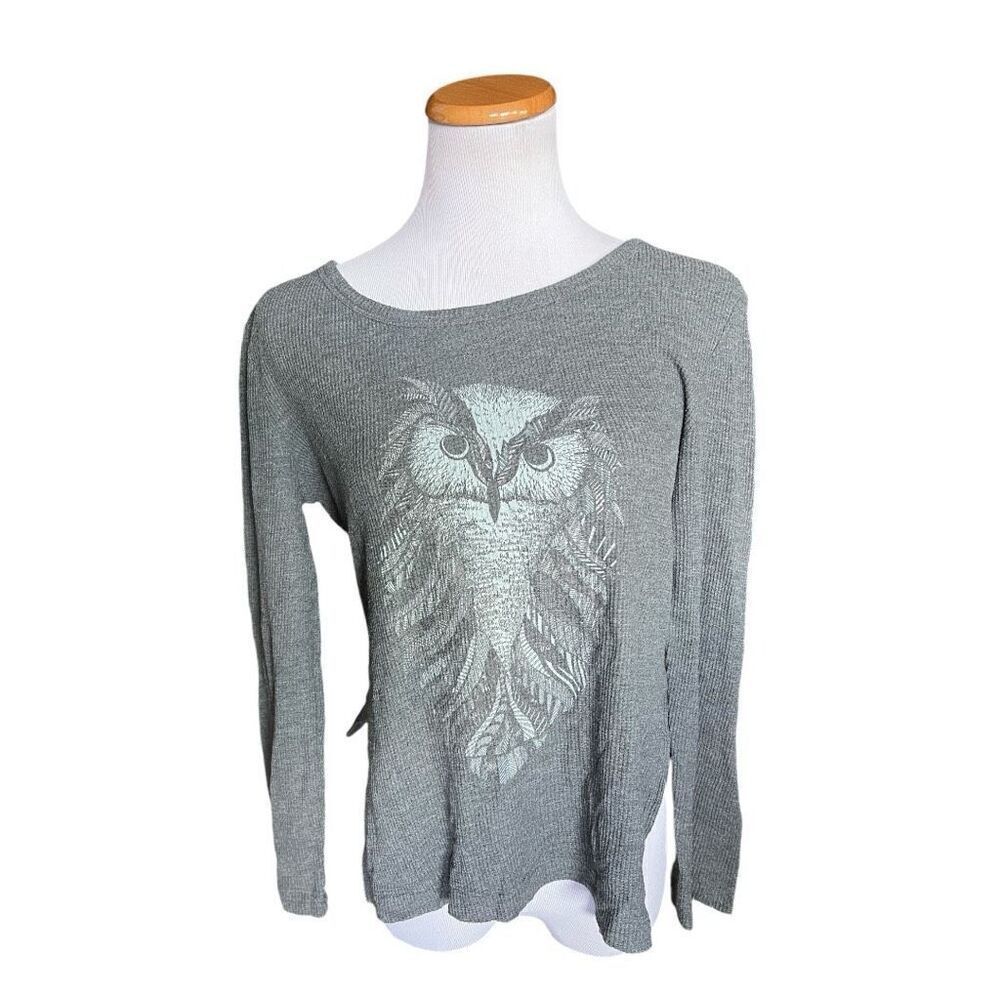 Womens Xhiliration Owl Waffle Knit Thermal Long Sleeve Sleepware Pajama Top  XS